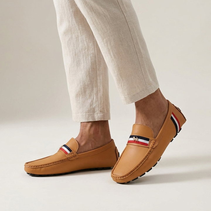 Otranto Stripe Loafers — Tan, worn on model, studio