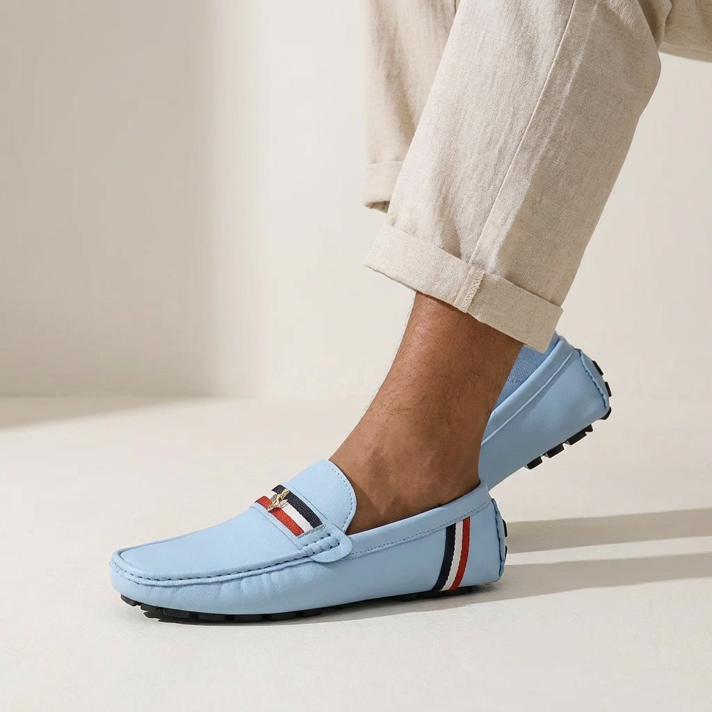 Otranto Stripe Loafers — Powder Blue, worn on model, studio