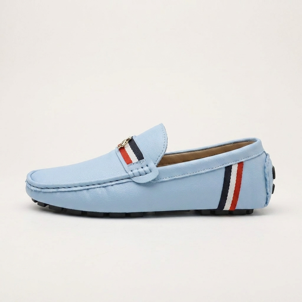 Otranto Stripe Loafers — Powder Blue, side profile studio view