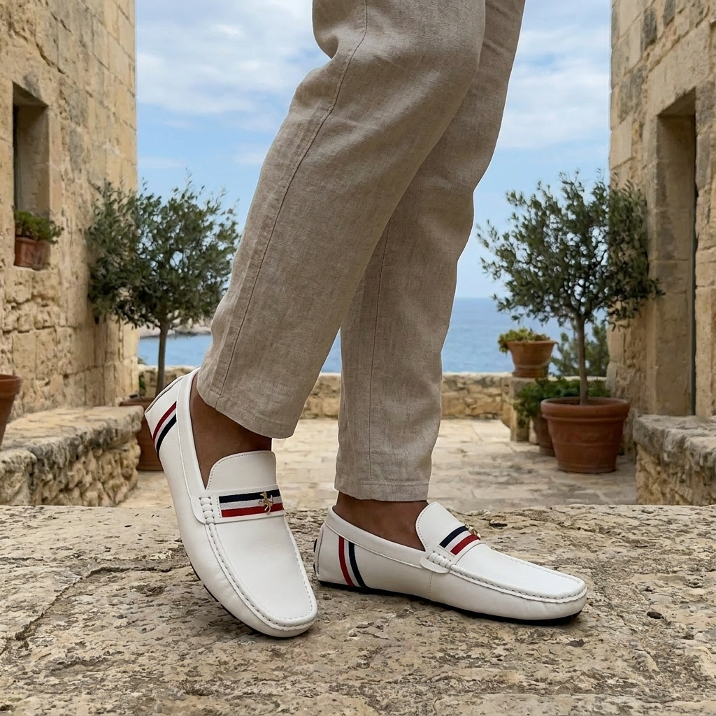 Otranto Stripe Loafers — White, worn on model, coastal terrace