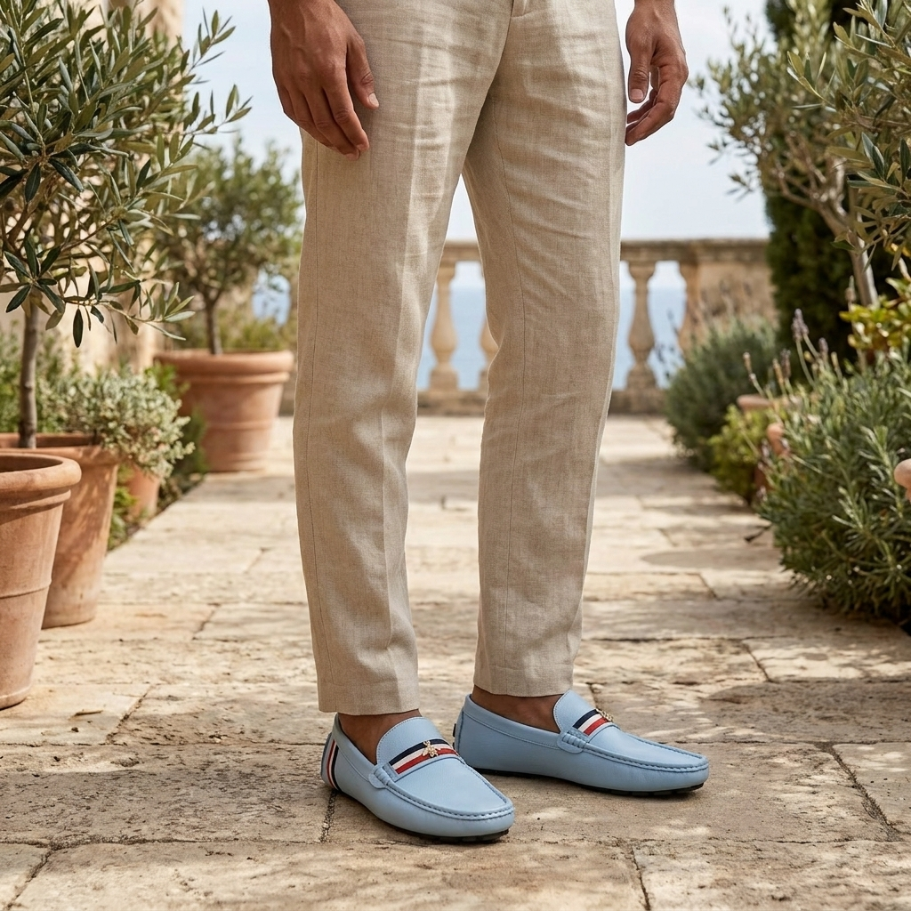 Otranto Stripe Loafers — Powder Blue, worn on model, coastal terrace