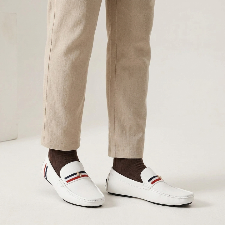 Otranto Stripe Loafers — White, worn on model, studio