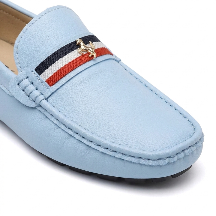 Otranto Stripe Loafers — Powder Blue, saddle stripe and charm detail