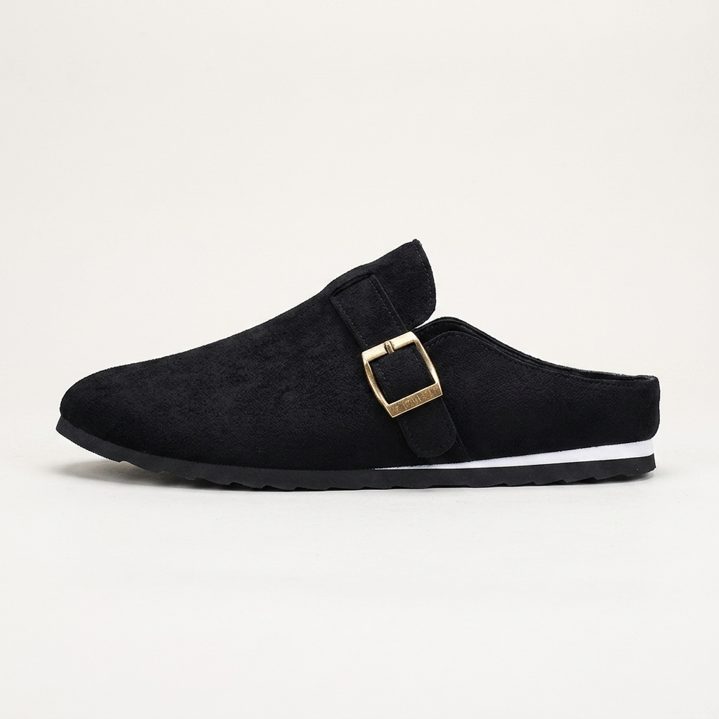 Volterra Suede Mules — Black, side profile view