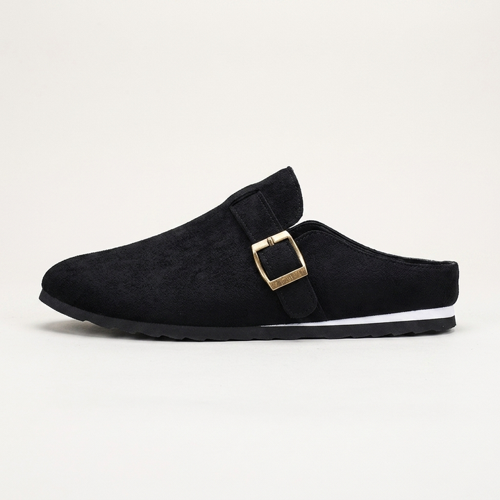 Volterra Suede Mules — Black, side profile view
