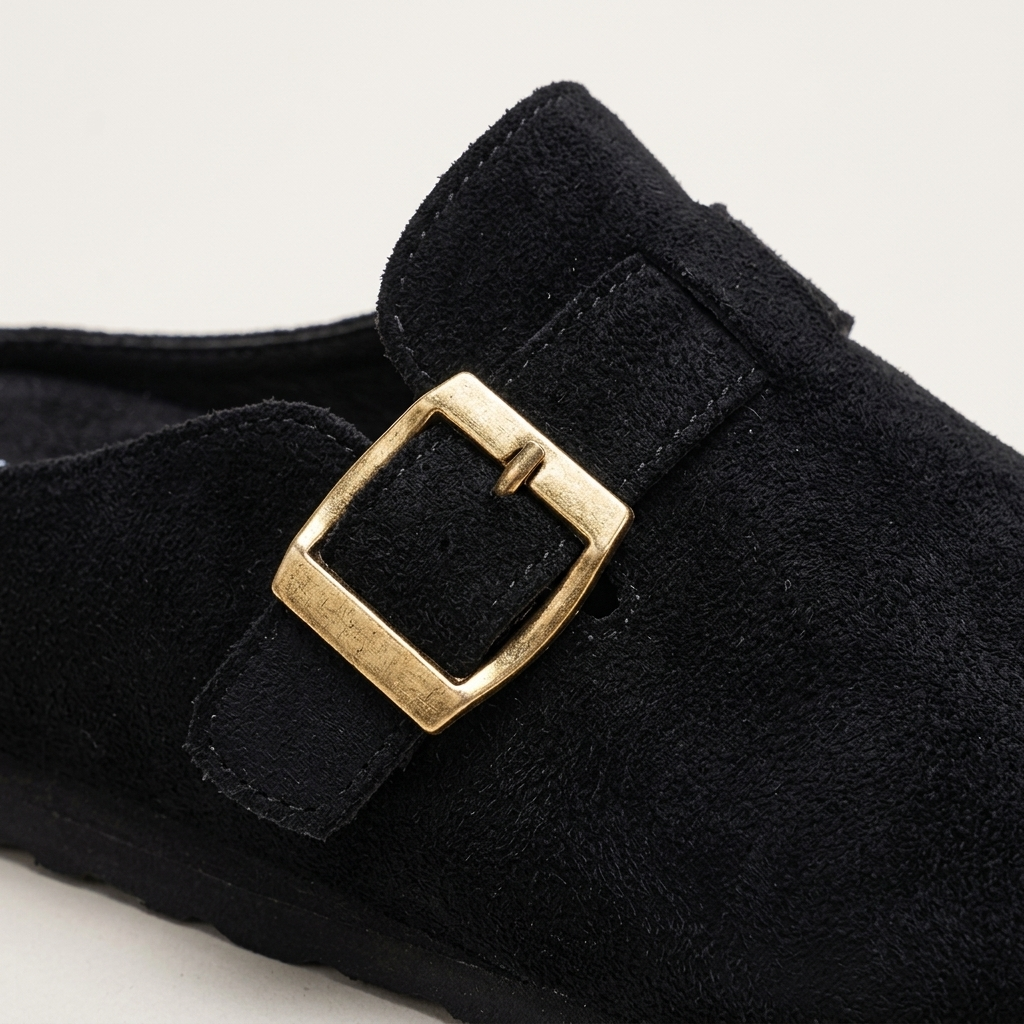 Volterra Suede Mules — Black, suede texture and gold buckle strap detail