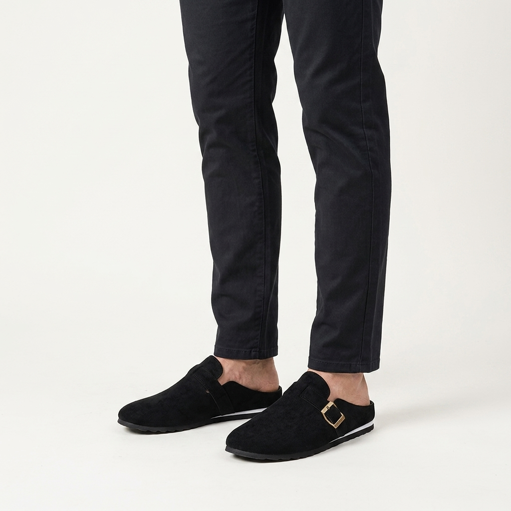 Volterra Suede Mules — Black, worn on model, studio