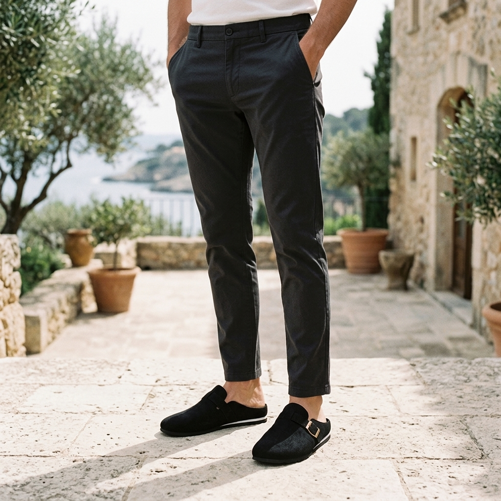Volterra Suede Mules — Black, worn on model, garden terrace