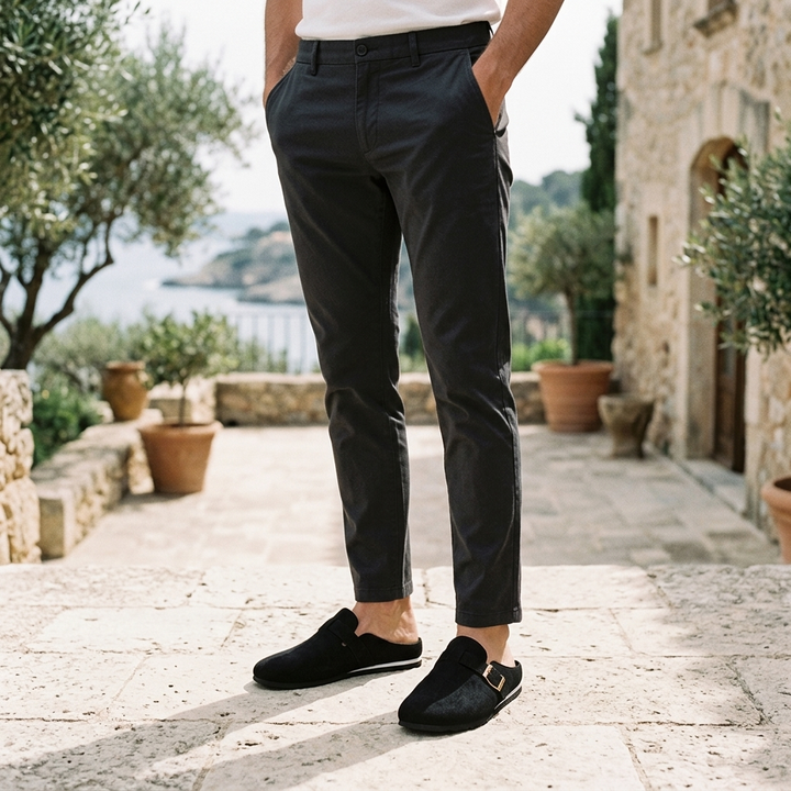 Volterra Suede Mules — Black, worn on model, garden terrace