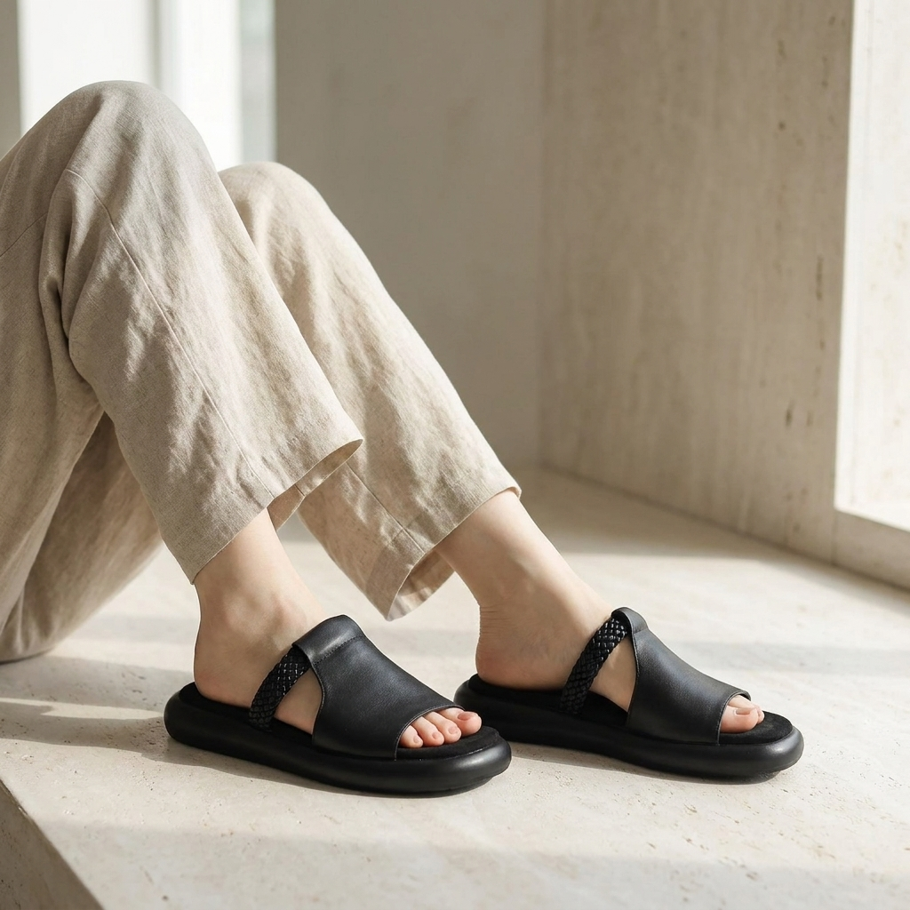 Palermo Leather Slides — Black, knee-down model pale stone