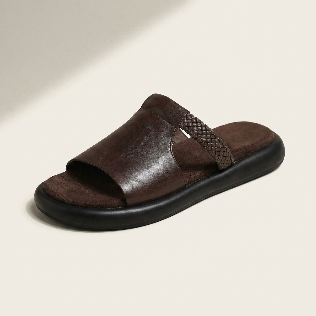 Palermo Leather Slides — Brown, three-quarter studio view