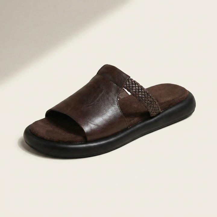 Palermo Leather Slides — Brown, three-quarter studio view