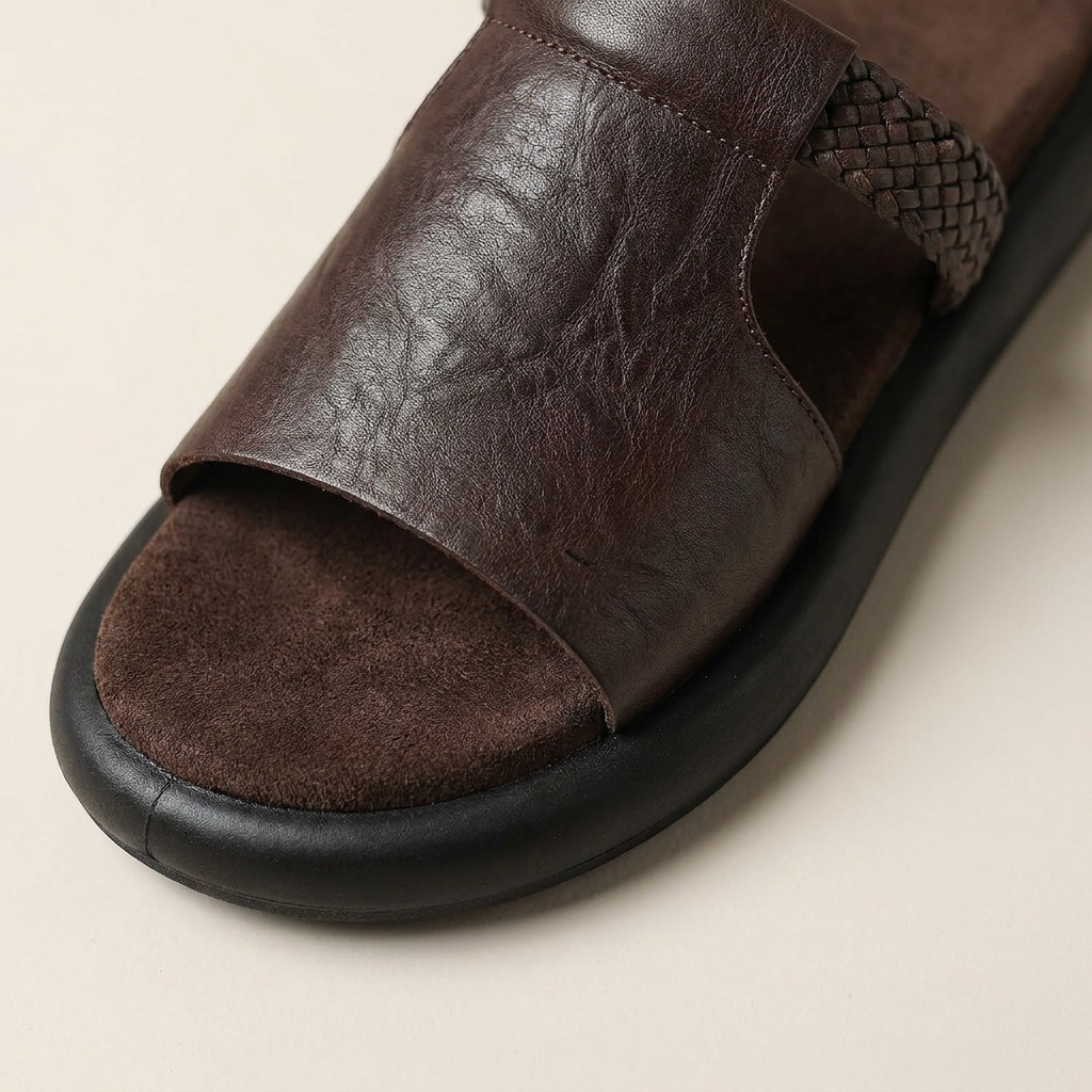 Palermo Leather Slides — Brown, close-up upper and sole edge