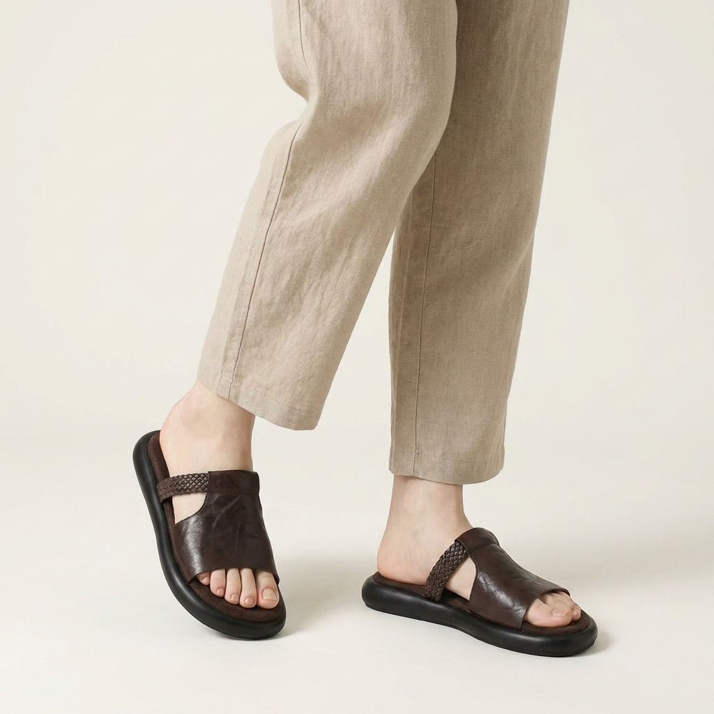 Palermo Leather Slides — Brown, knee-down studio model