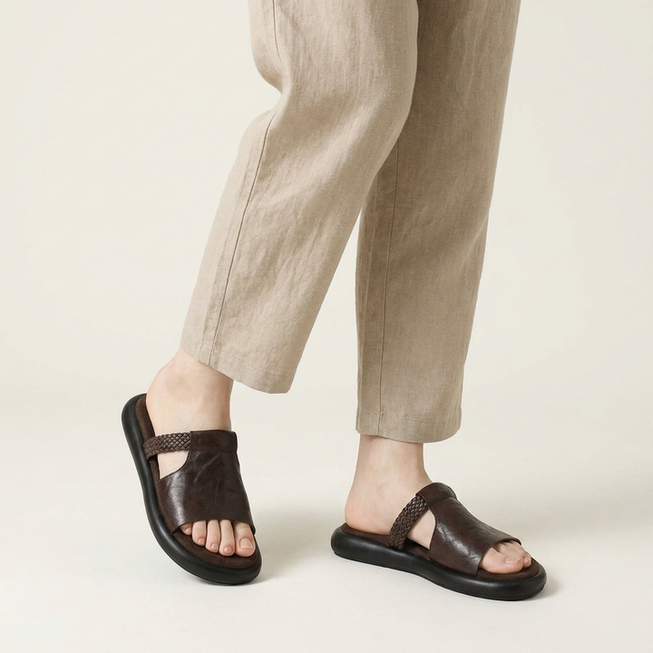 Palermo Leather Slides — Brown, knee-down studio model