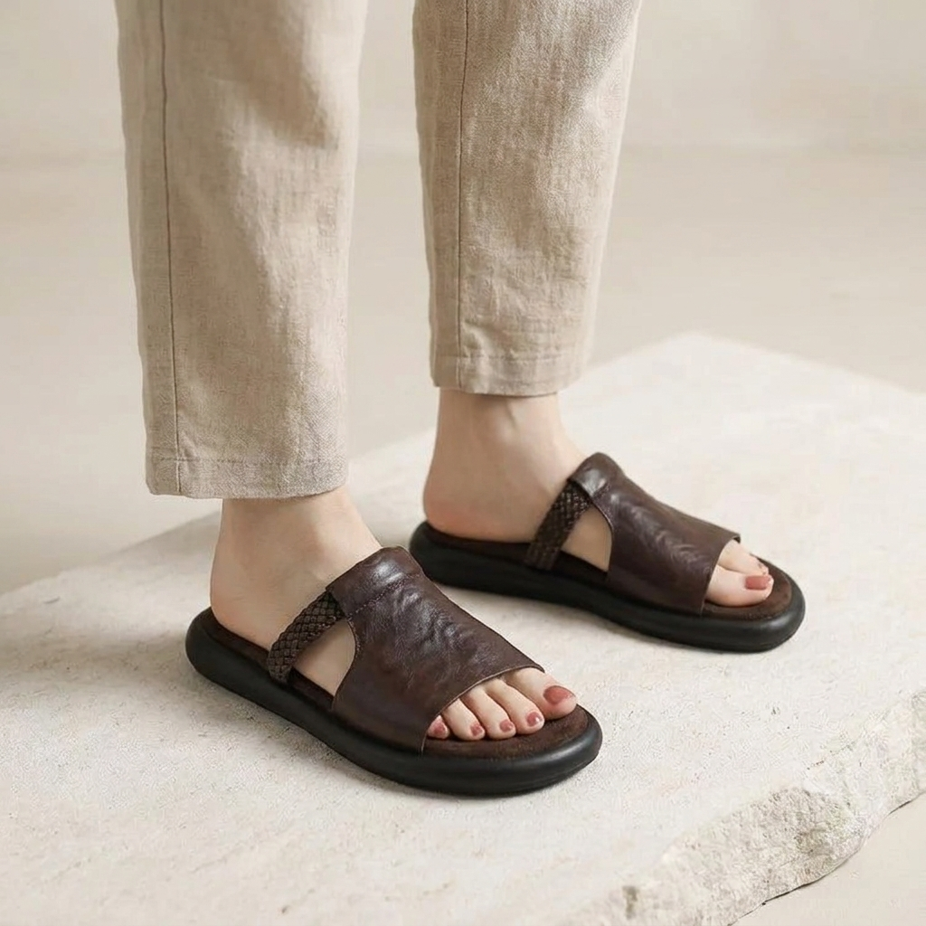 Palermo Leather Slides — Brown, knee-down model pale stone