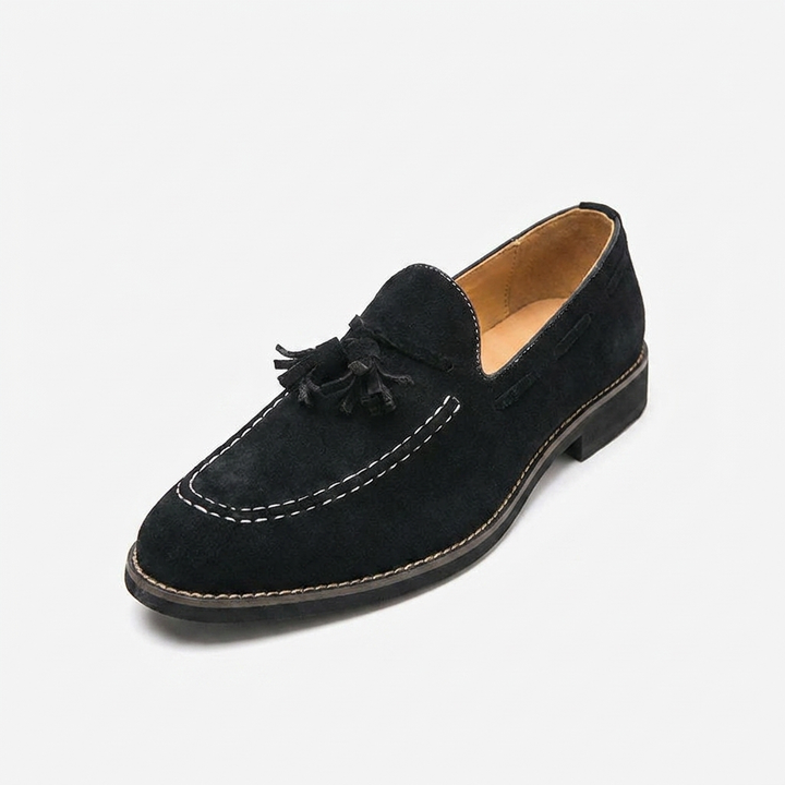 Merano Suede Loafers — Black, front three-quarter studio view