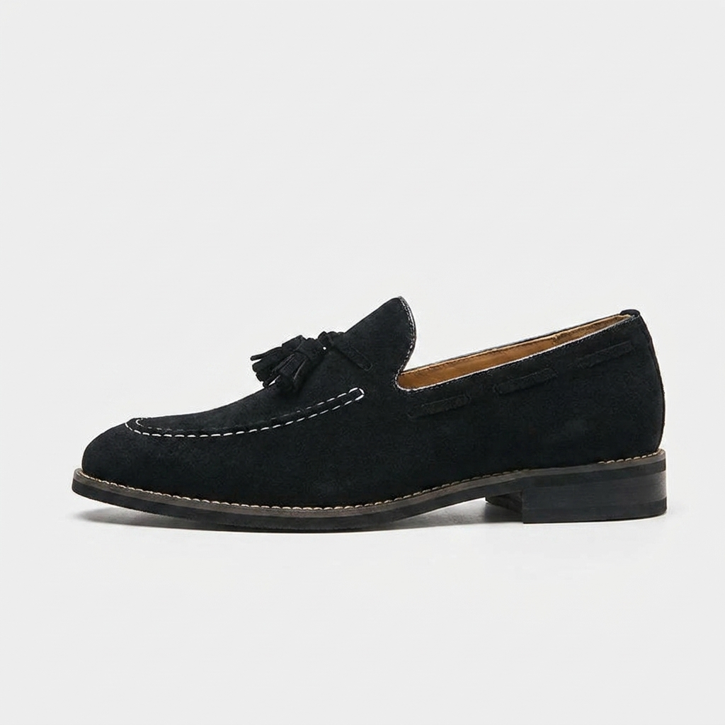 Merano Suede Loafers — Black, side profile studio view