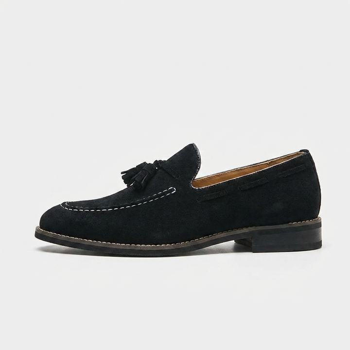 Merano Suede Loafers — Black, side profile studio view