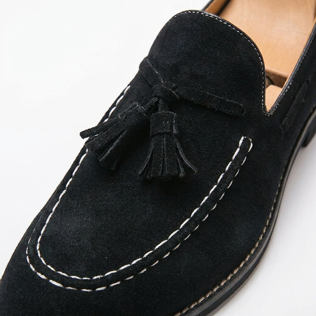 Merano Suede Loafers — Black, close-up tassel and moc-seam