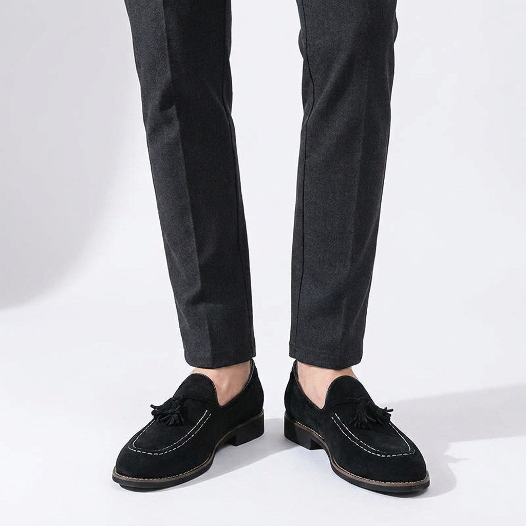 Merano Suede Loafers — Black, knee-down studio male model