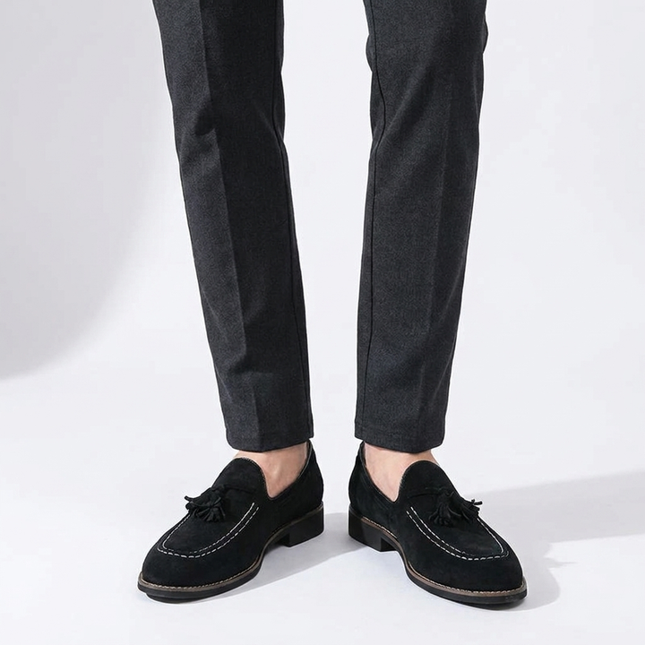 Merano Suede Loafers — Black, knee-down studio male model