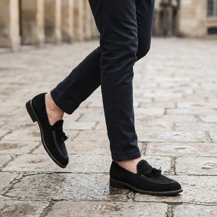 Merano Suede Loafers — Black, knee-down lifestyle cobblestone