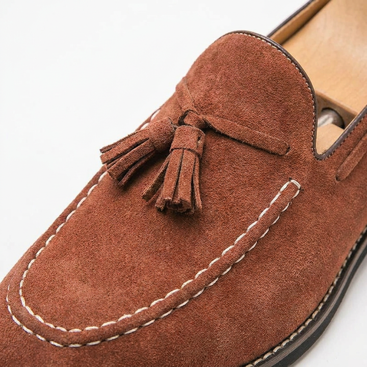 Merano Suede Loafers — Cognac, close-up tassel and moc-seam