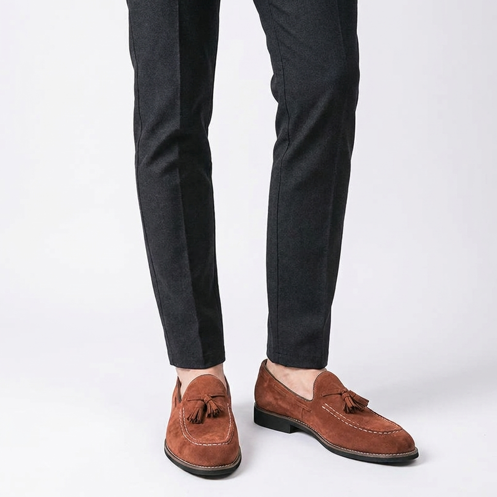 Merano Suede Loafers — Cognac, knee-down studio male model
