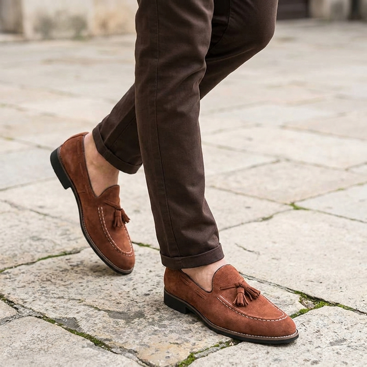 Merano Suede Loafers — Cognac, knee-down lifestyle cobblestone