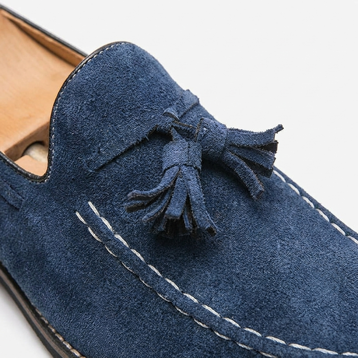 Merano Suede Loafers — Navy, close-up tassel and moc-seam