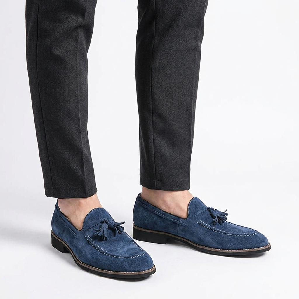 Merano Suede Loafers — Navy, knee-down studio male model