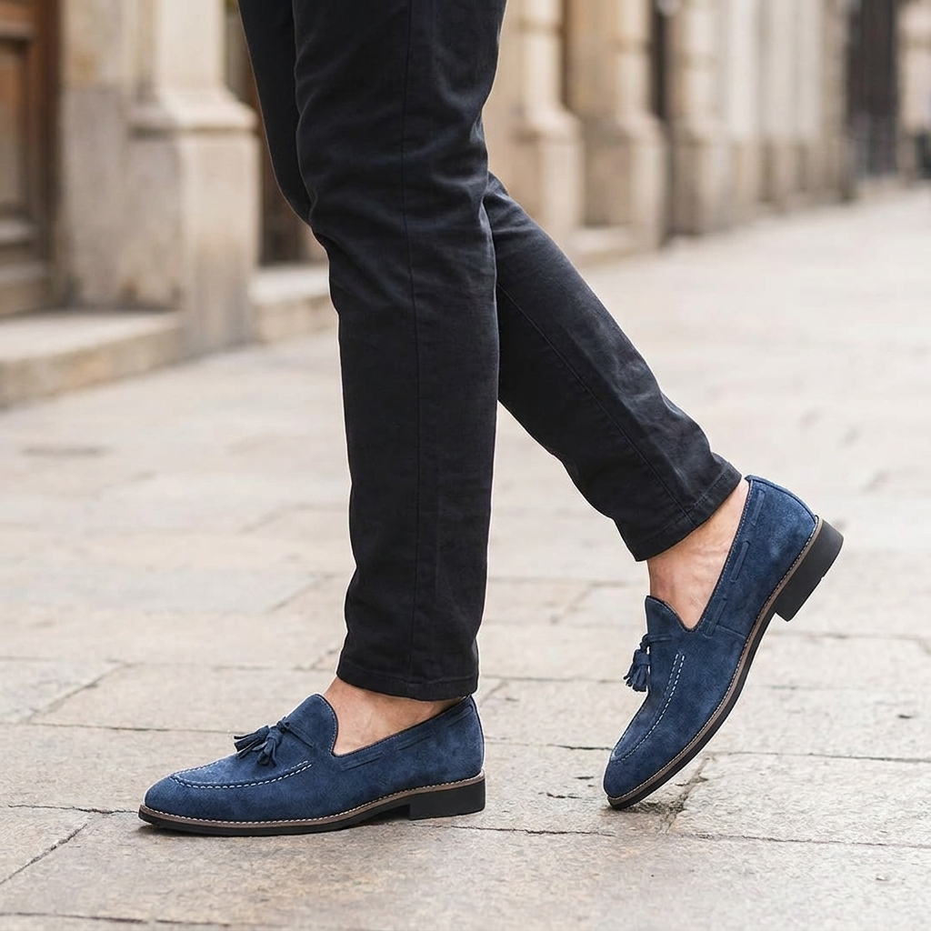 Merano Suede Loafers — Navy, knee-down lifestyle cobblestone