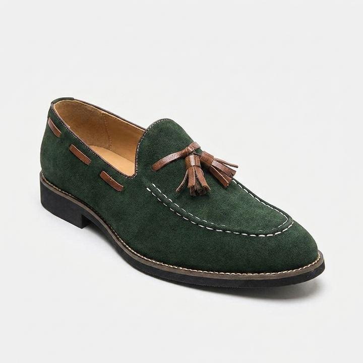 Merano Suede Loafers — Forest, front three-quarter studio view