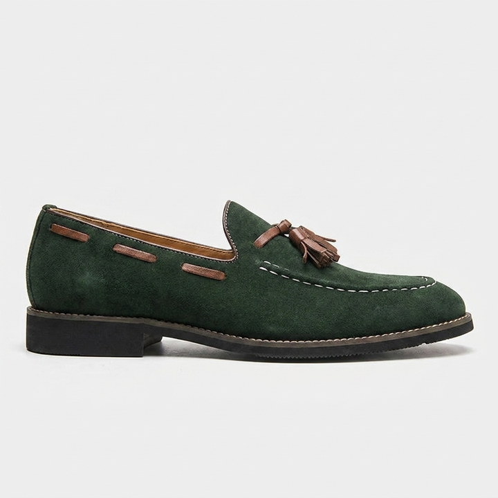 Merano Suede Loafers — Forest, side profile studio view
