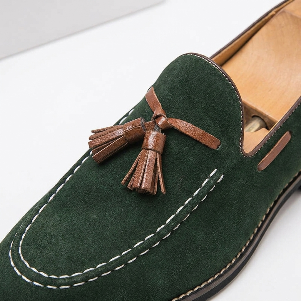 Merano Suede Loafers — Forest, close-up tassel and contrasting tassel