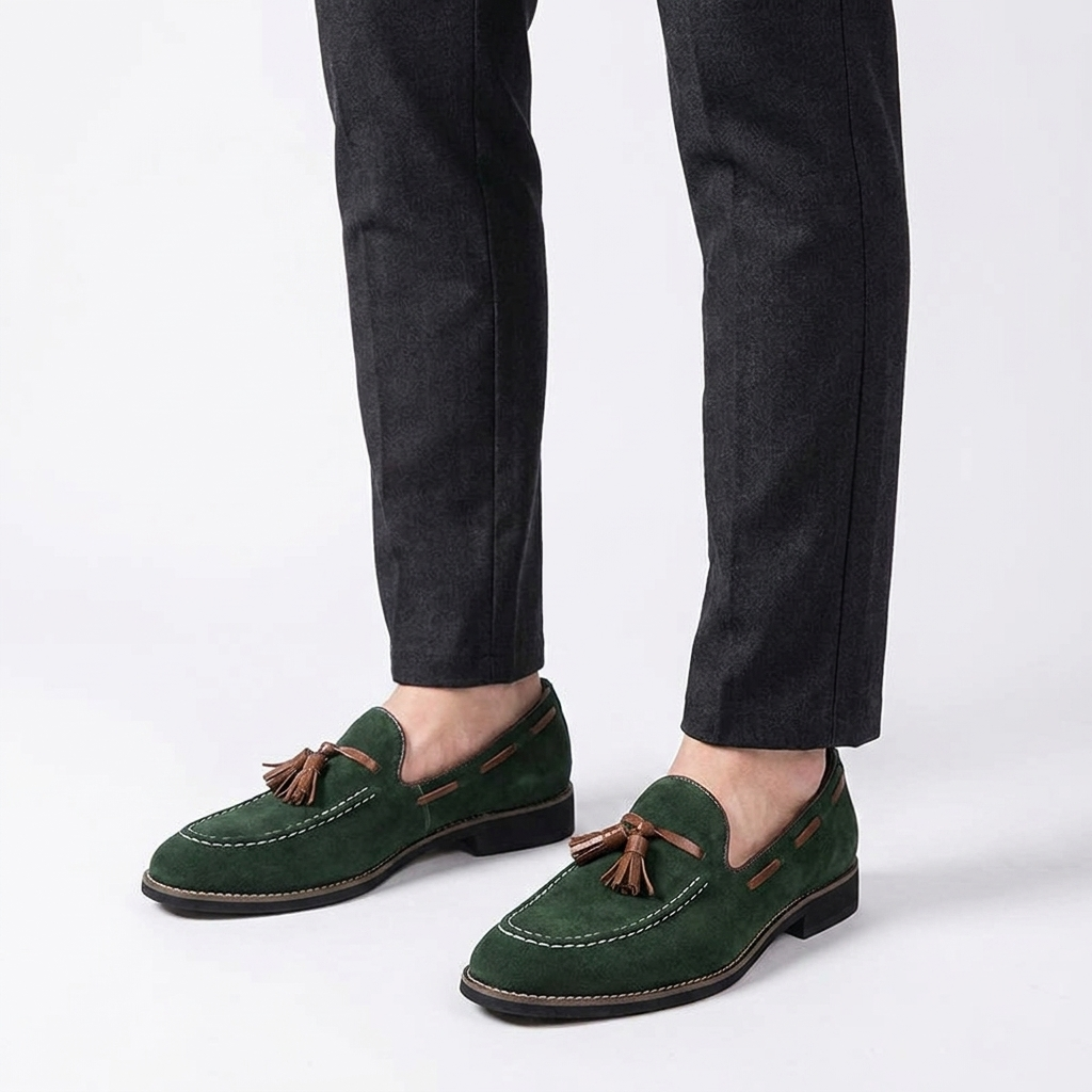 Merano Suede Loafers — Forest, knee-down studio male model