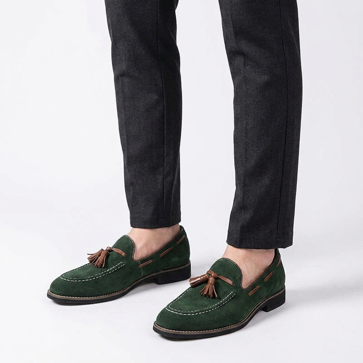 Merano Suede Loafers — Forest, knee-down studio male model