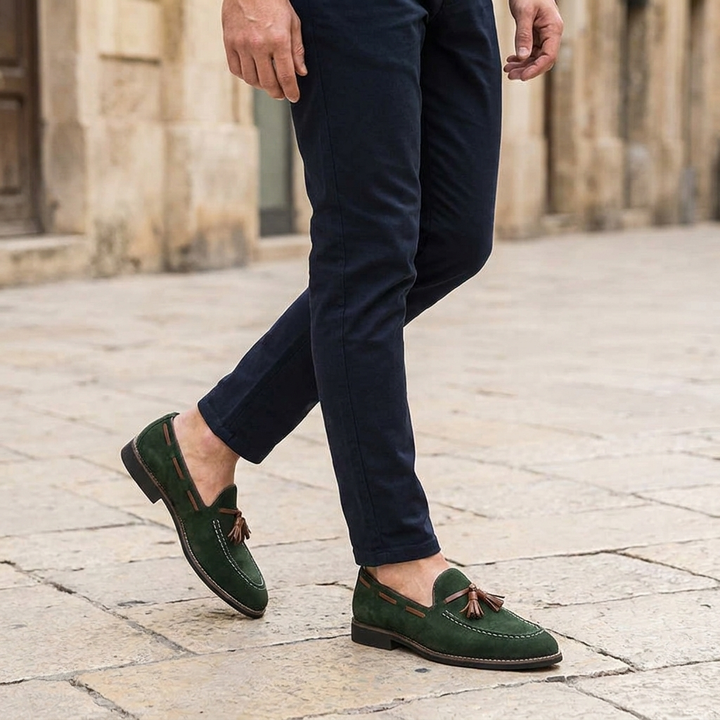 Merano Suede Loafers — Forest, knee-down lifestyle cobblestone