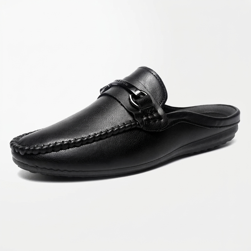 Murano Leather Mules — Black, three-quarter open-back studio view
