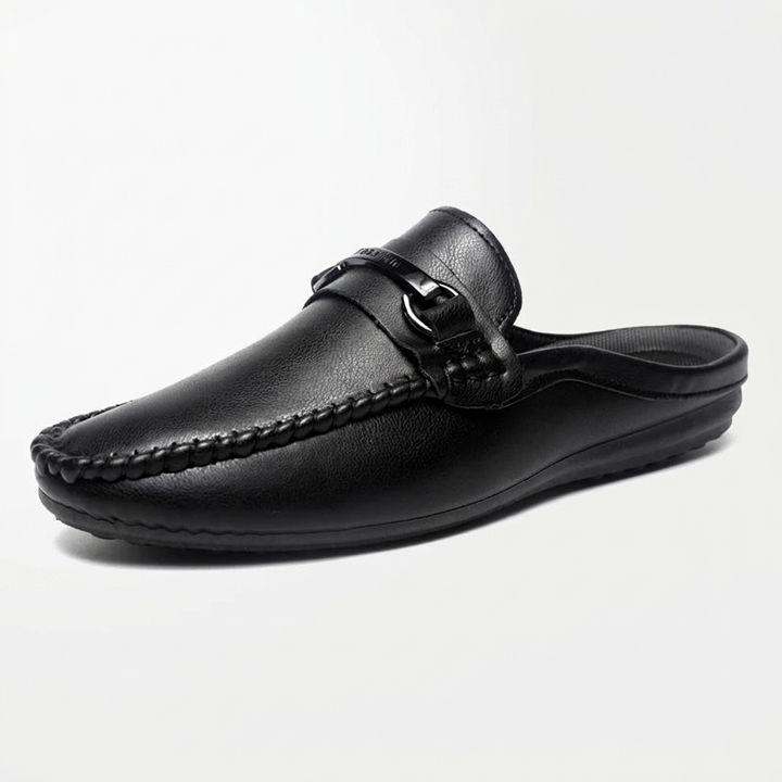 Murano Leather Mules — Black, three-quarter open-back studio view