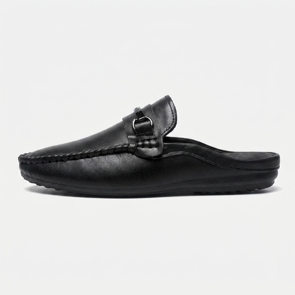 Murano Leather Mules — Black, three-quarter open-back studio view