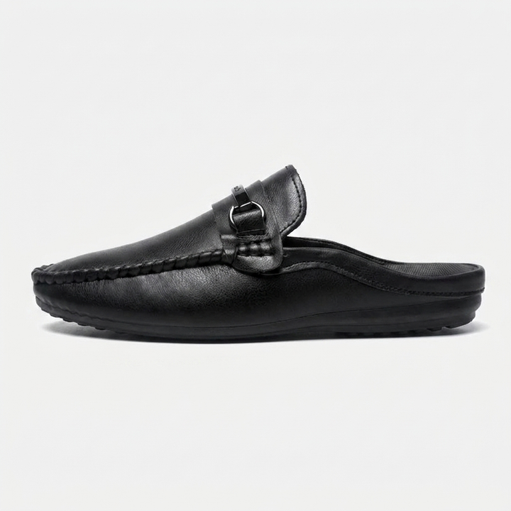 Murano Leather Mules — Black, three-quarter open-back studio view