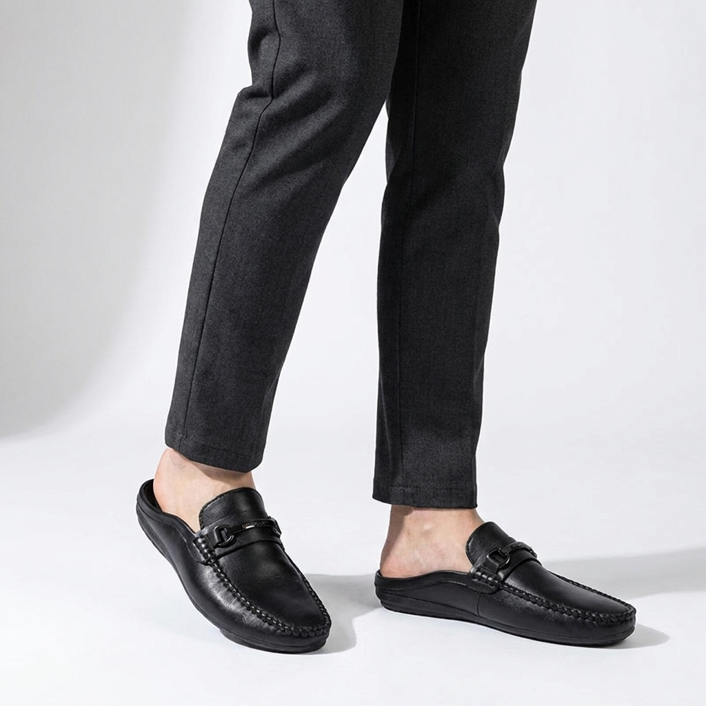 Murano Leather Mules — Black, three-quarter open-back studio view