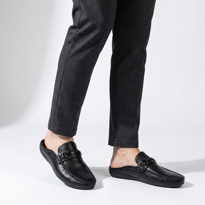 Murano Leather Mules — Black, three-quarter open-back studio view