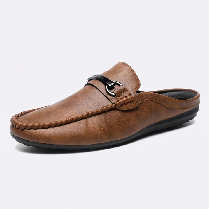 Murano Leather Mules — Tan, three-quarter open-back studio view