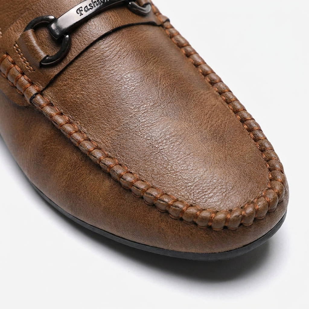 Murano Leather Mules — Tan, three-quarter open-back studio view