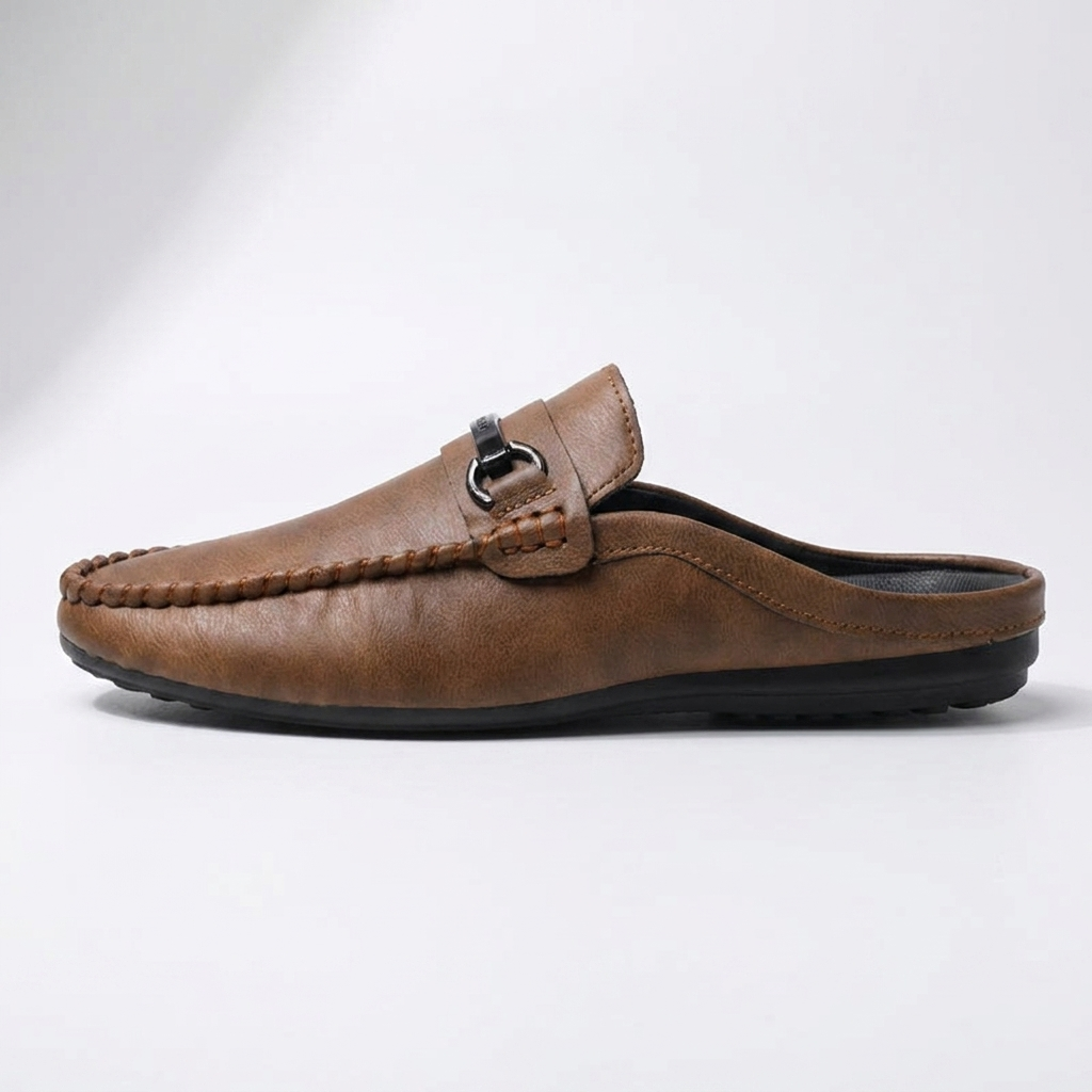 Murano Leather Mules — Tan, three-quarter open-back studio view