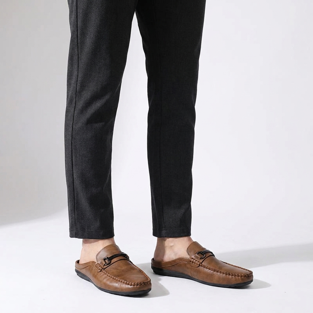 Murano Leather Mules — Tan, three-quarter open-back studio view