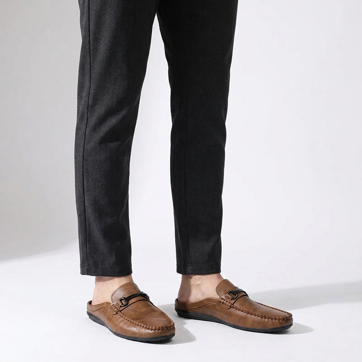 Murano Leather Mules — Tan, three-quarter open-back studio view